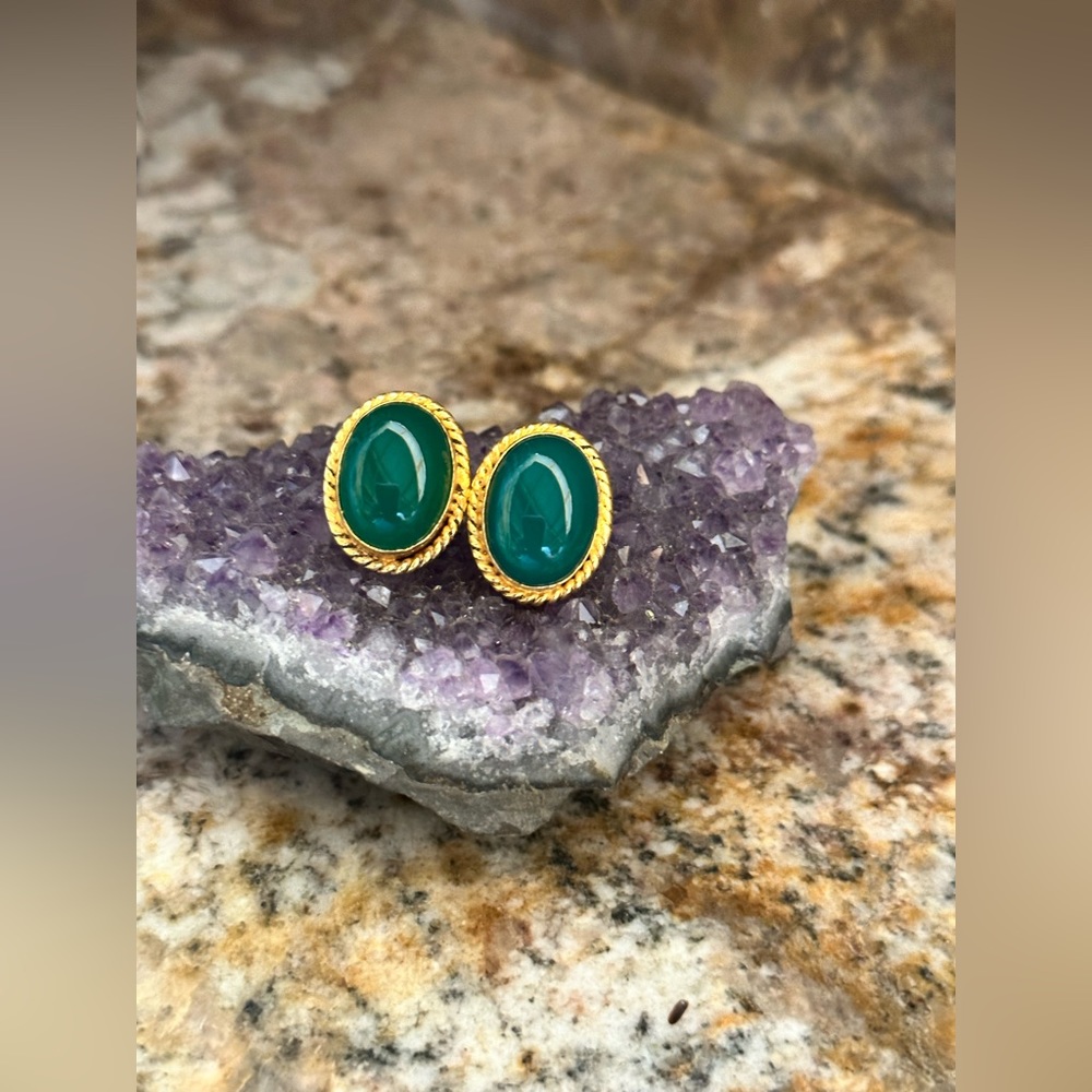 Gold Simulated Green Onyx Earrings
